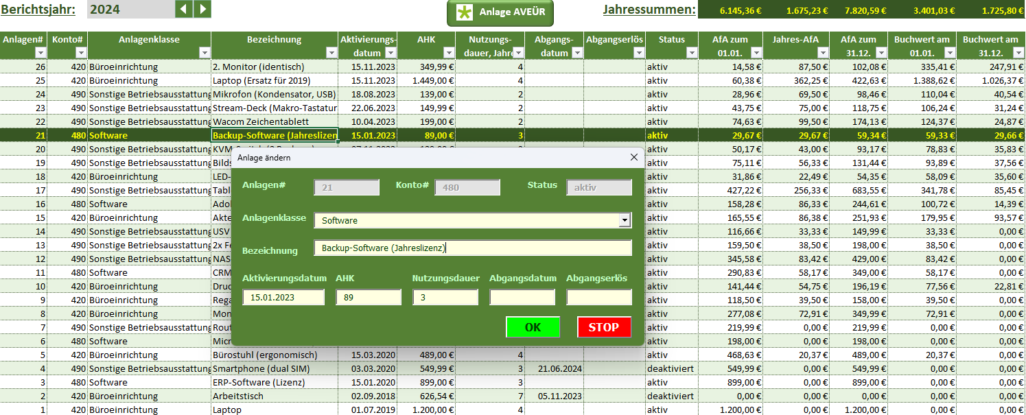 Anlagenverzeichnis in Excel: Wirtschaftsgüter mit Anlagenklasse, AHK, Nutzungsdauer und automatisch berechneter AfA