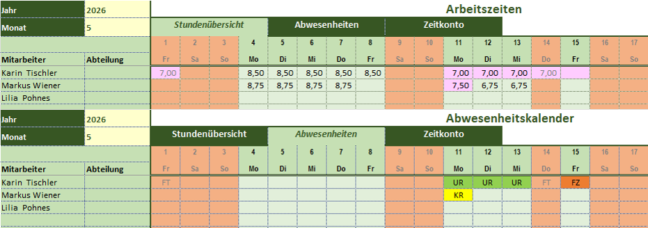 Arbeitszeiterfassung in Excel: Monatskalender mit Arbeitszeiten und Abwesenheiten aller Mitarbeiter