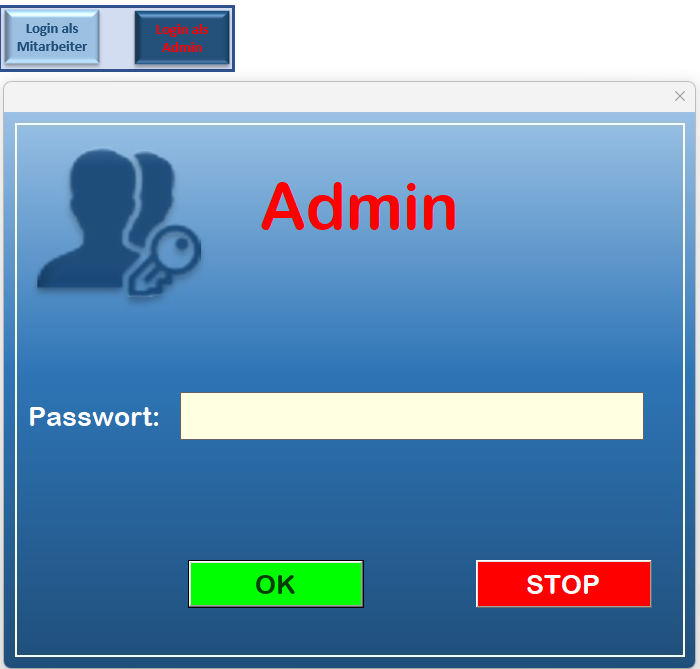 Arbeitszeiterfassung in Excel: passwortgeschützter Login als Mitarbeiter oder Admin