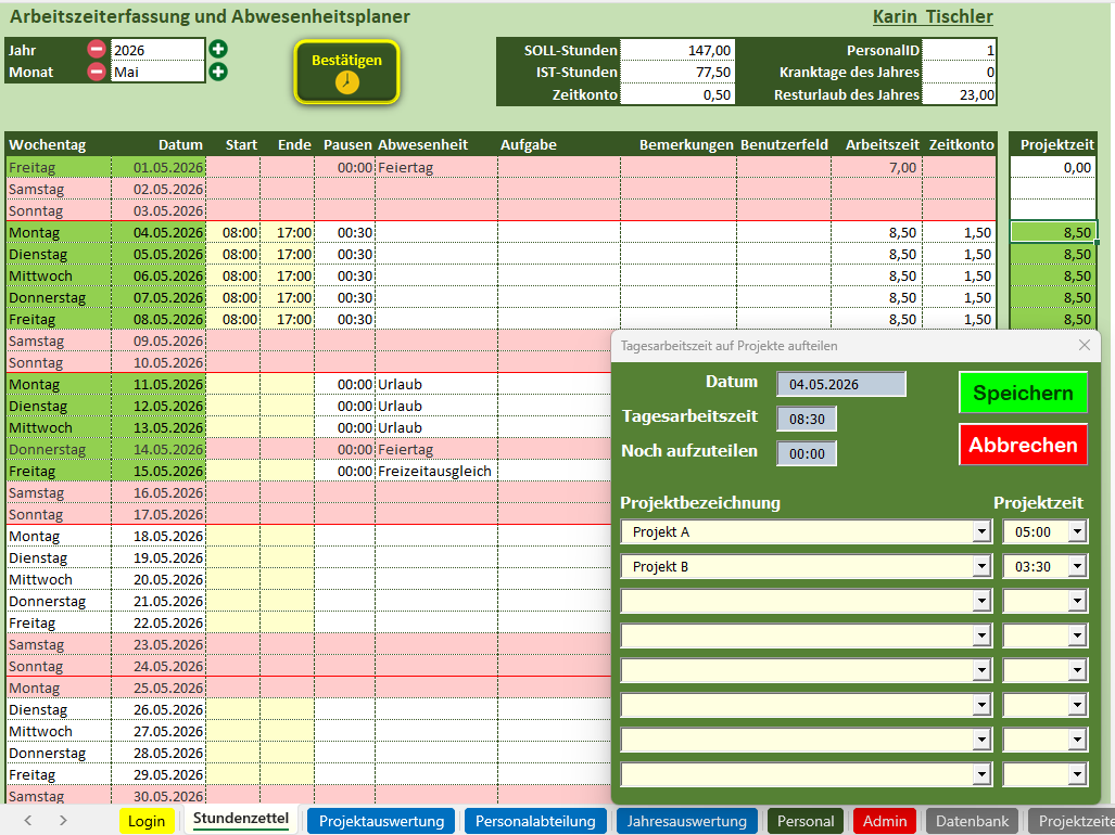 Arbeitszeiterfassung in Excel: Stundenzettel mit Arbeitszeiten, Abwesenheiten und Zeitkonto